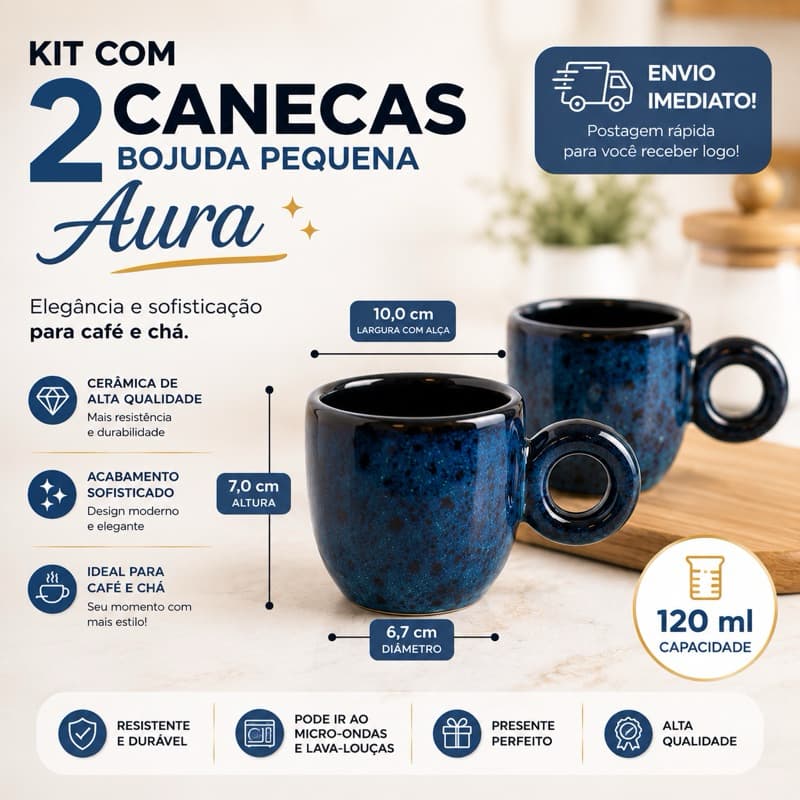 Kit 2 Canecas Ceramica Cafe Bojuda Azul Linha Aura 120ml Resitente Orgânica Luxo Envio Imediato