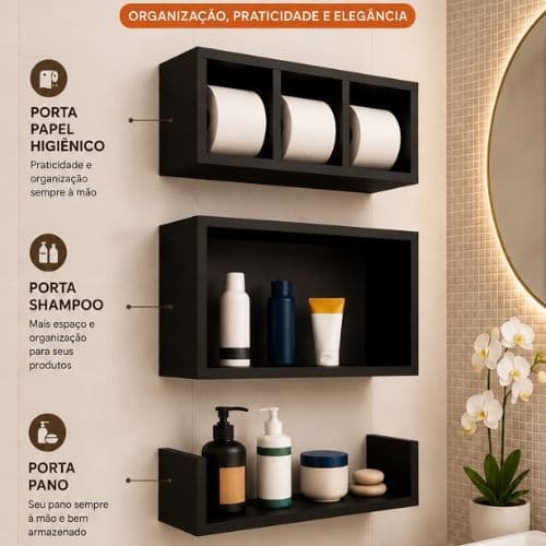 Nicho Prateleira Banheiro Mdf Decorativo Kit 3 Peças Cozinha Sala Quarto Toalheiro Colmeia Organizador papel Higienico