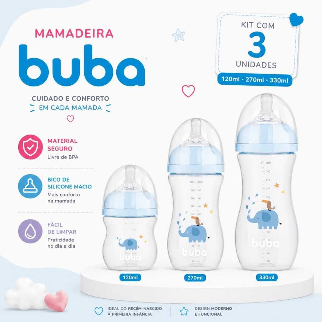 Kit Com 3 Mamadeiras Buba 3Tamanhos 120 Ml 270 Ml E 330 Ml Bico Silicone  Material Seguro Mamadeiras Para Bebes