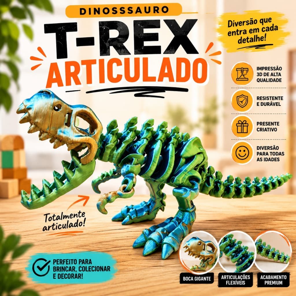 Dinossauro T-Rex Articulado em Impressão 3D | Brinquedo, Colecionável, Presente Criativo, Decoração