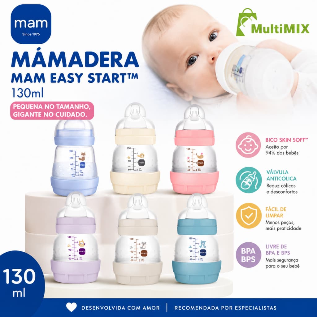 Mamadeira MAM Original Lacrada Easy Start 130ml AntiCólica Autoesterilizável Fluxo adaptável UNIDADE