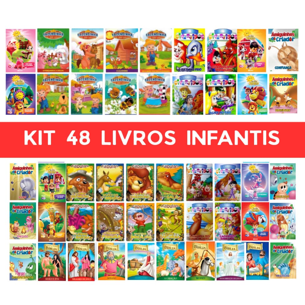 Kit 48 Livros de Historias Infantis - Clássicos - Fabulas - Fazendinha - Turma do Paraiso  - Amigos do Criador