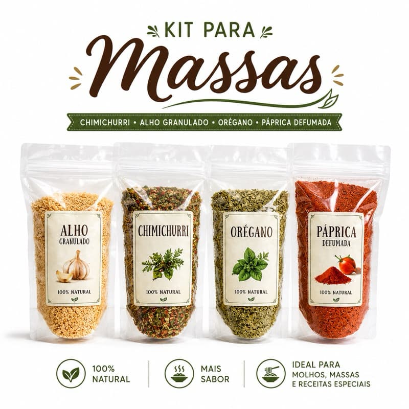 🌿 Kit Temperos para Massas | Chimichurri, Alho Granulado, Orégano e Páprica Defumada | 4 Temperos Naturais Premium
