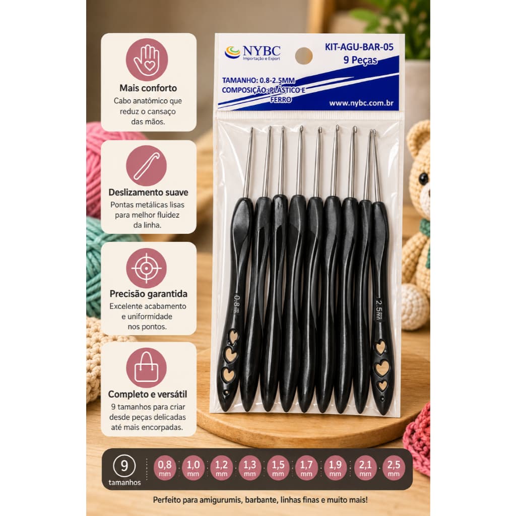 Kit Agulhas de Crochê 9 Peças 0,8 a 2,5mm Cabo Anatômico para Barbante e Linhas