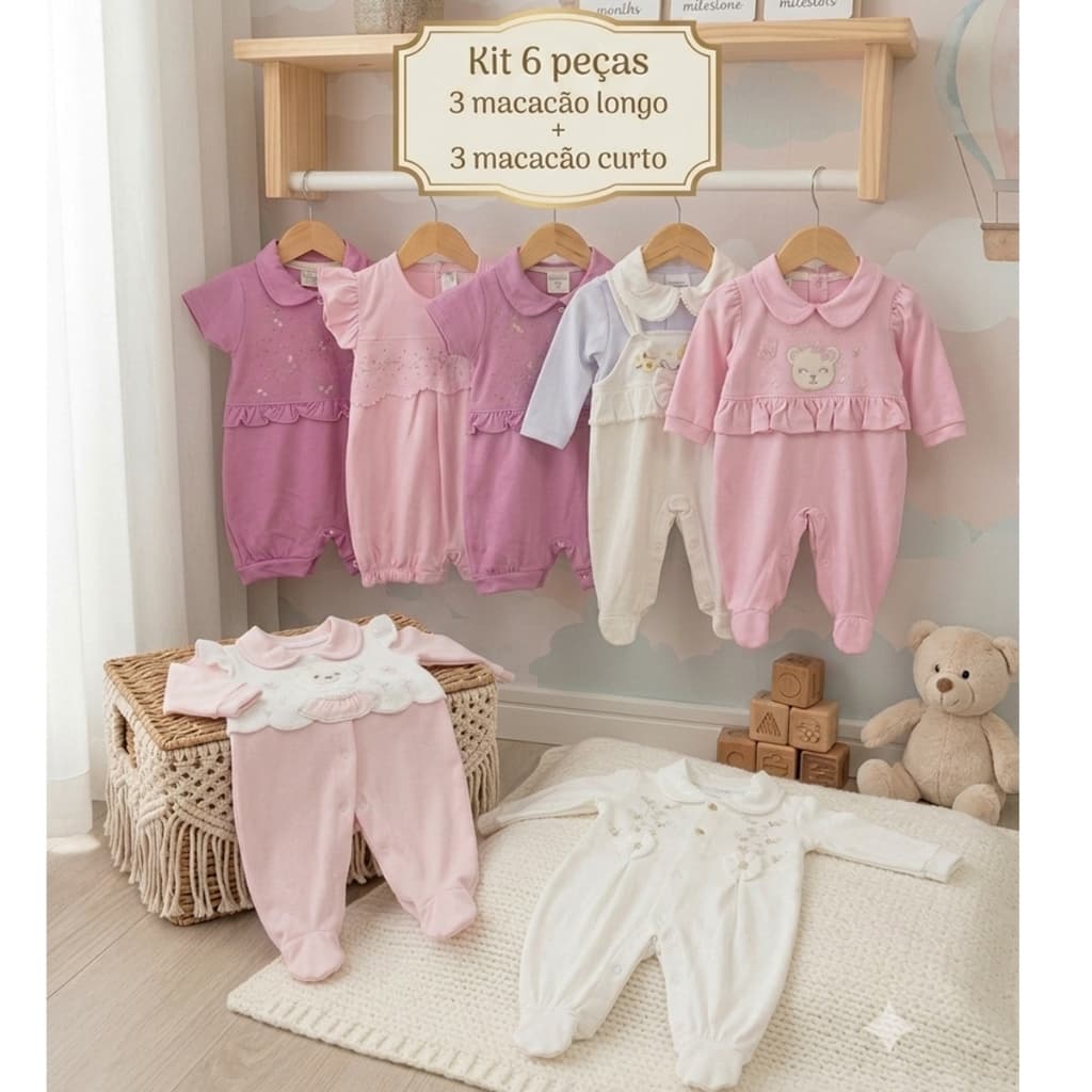 Kit Enxoval Bebê Menina 6 Peças Bordado Malha 100% Algodão Antialérgico Gomes Baby