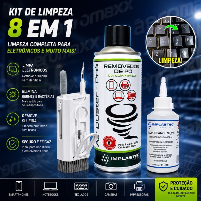 Kit Gamer Limpeza 8 em 1 Limpa Mouse Notebook Teclado + Limpador Multiuso + Ar Comprimido em Spray