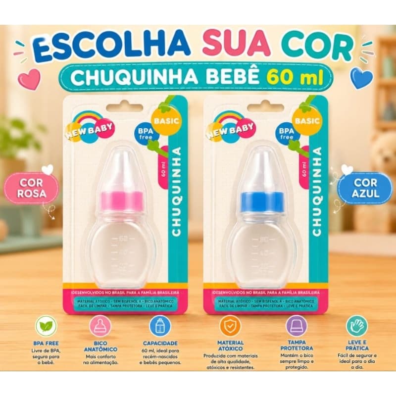 Mamadeira Chuquinha 60ml para Bebê azul e rosa Menino e Menina  Mamadeira Infantil bico redondo flexível