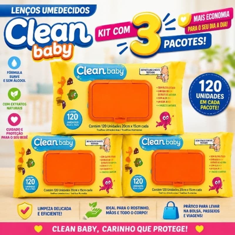 Kit 3 lenços Umedecidos Clean Baby 120 Unidades Cada | Toalhas Umedecidas com Tampa Flip Top | Macio e Suave para Bebês