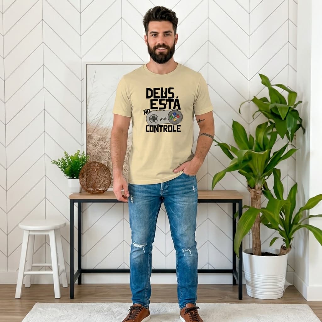 Camiseta Cristã Masculina Estampada Controle De Videogame Camisa Com Frase Jesus Está No Controle