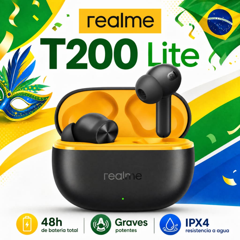 Realme T200 Lite–Fone Sem Fio Bluetooth 5.4, Fone De Ouvido, IPX4 Prova D'Água, 45h de Bateria, Com Microfone Embutido