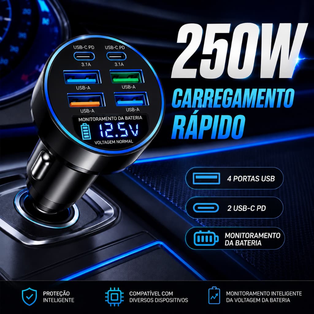 Carregador Veicular 250W 6 Portas USB-C PD QC3.0 Turbo Rápido