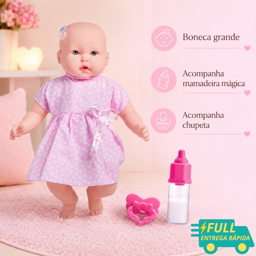 Boneca Grande Bebê Menina Gabi Com Mamadeira Mágica e Chupeta 53cm Altura Super Toys 330