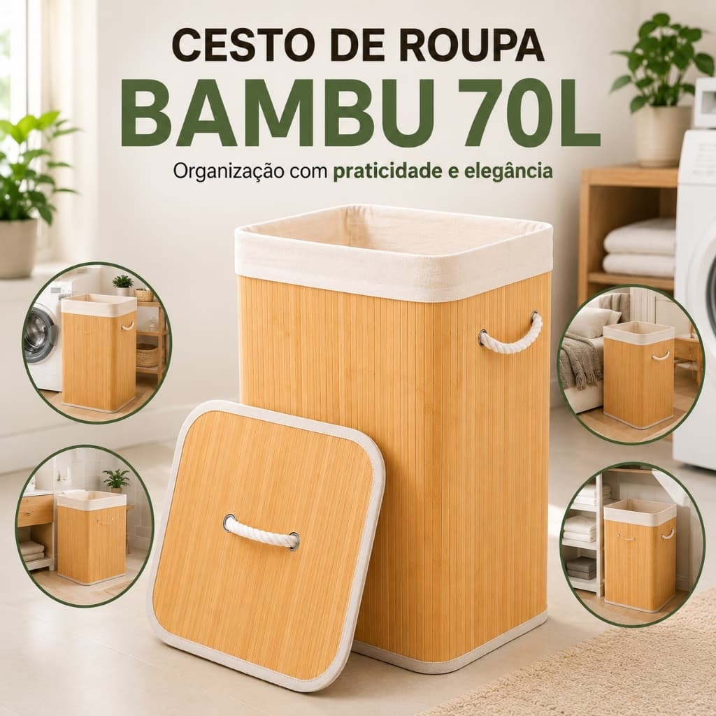 Cesto de Roupa Bambu 70L com Tampa e Alças Organizador Retangular para Lavanderia Banheiro
