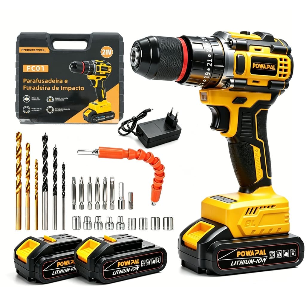 Parafusadeira Furadeira 21V 2 Baterias Com Maleta e Acessórios Completo FC01