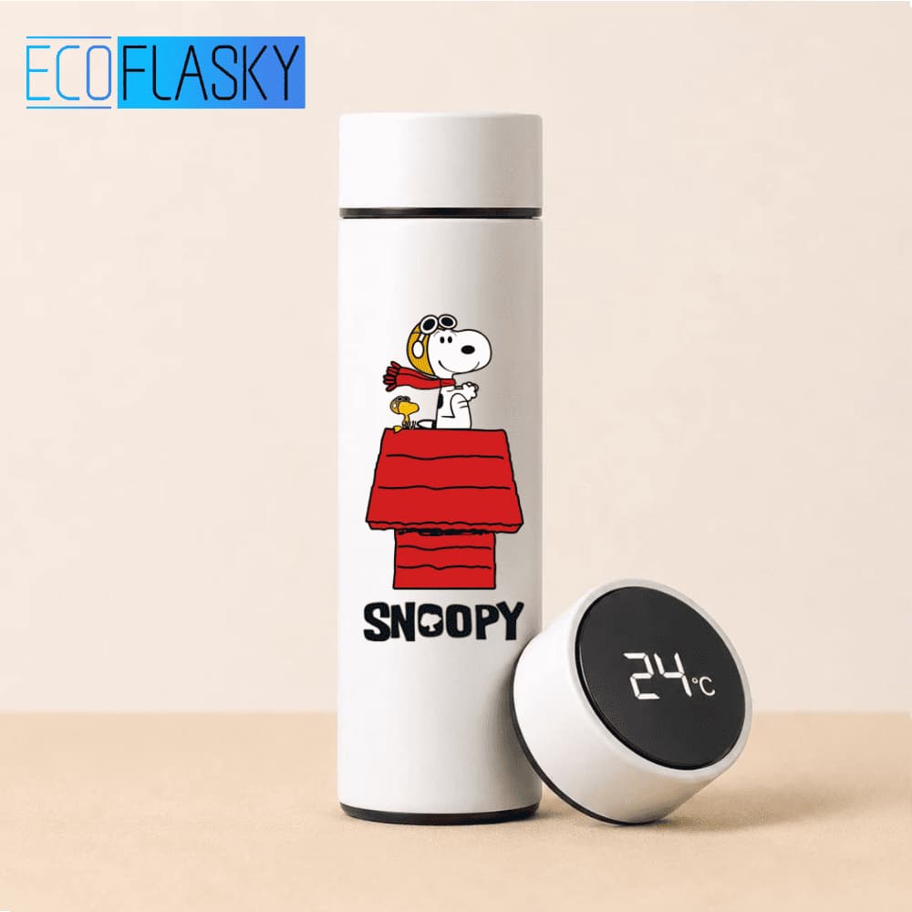 Garrafa Térmica de Água Infantil de Aço Inox Snoopy com Termometro LED Digital Estampada 500ml