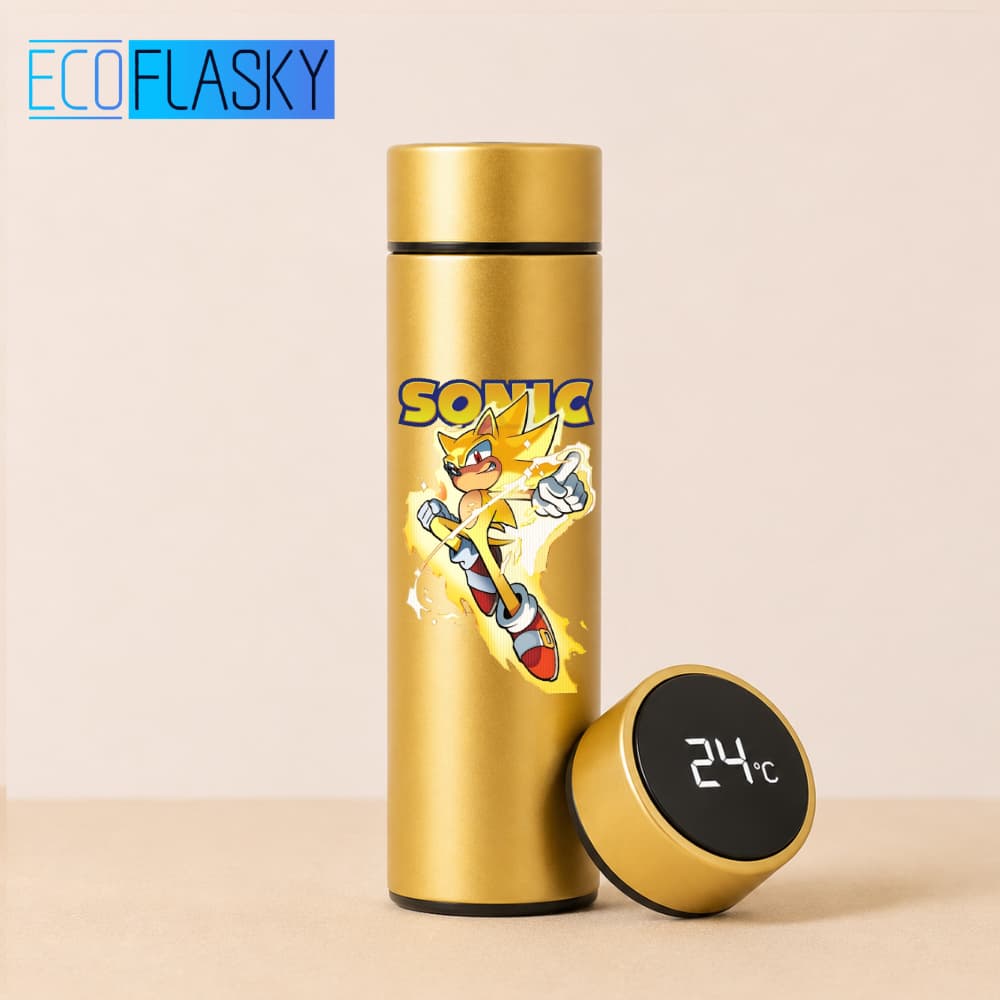 Garrafa Térmica de Água Aço Inoxidável Super Sonic Dourado Turma Termometro LED Digital Estampada 500ml