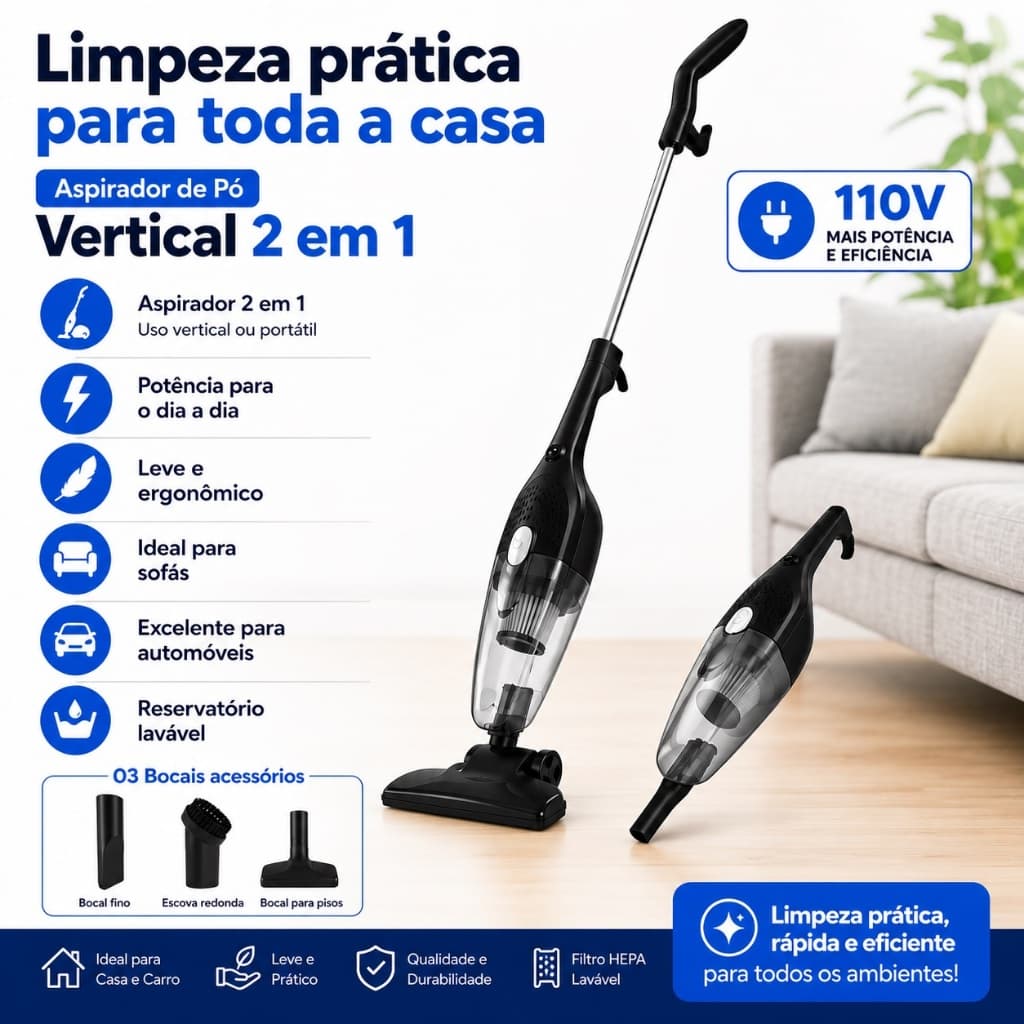 Aspirador de Pó Vertical 2 em 1 Portátil 110V com Fio | Aspirador Elétrico Leve para Piso, Sofá, Tapete e Carro