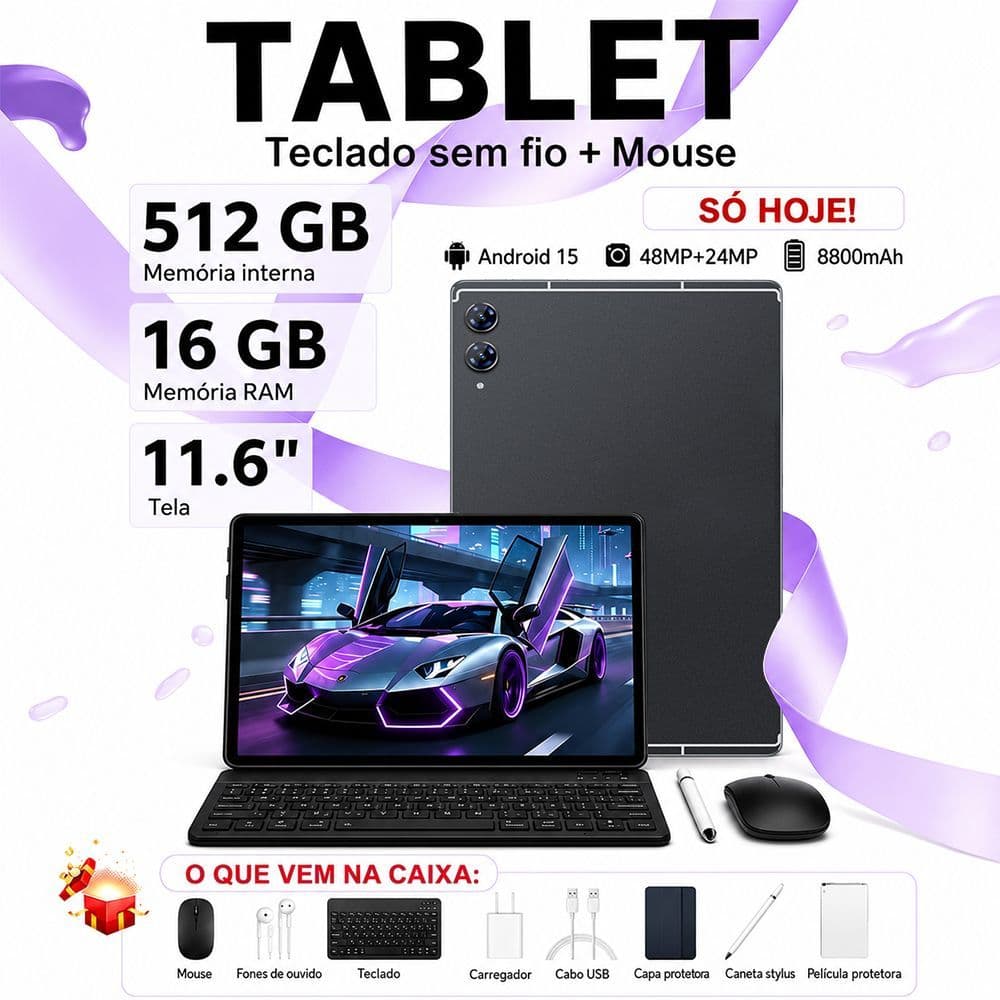 Tablet 16GB RAM +512GB HD 11.6 Polegadas Tela Grande PC pad Android 15 Dual SIM Card Câmera 48MP e 24MP WIFI 5G 8800mAh