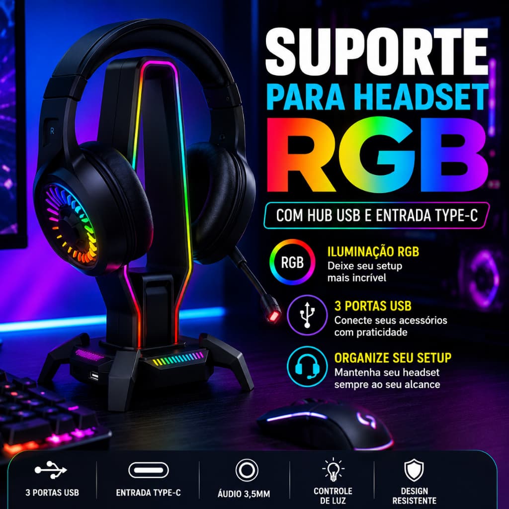 Suporte Headset Gamer RGB com Hub USB 3 Portas Base para Fone Ouvido Organizador Setup PC Notebook