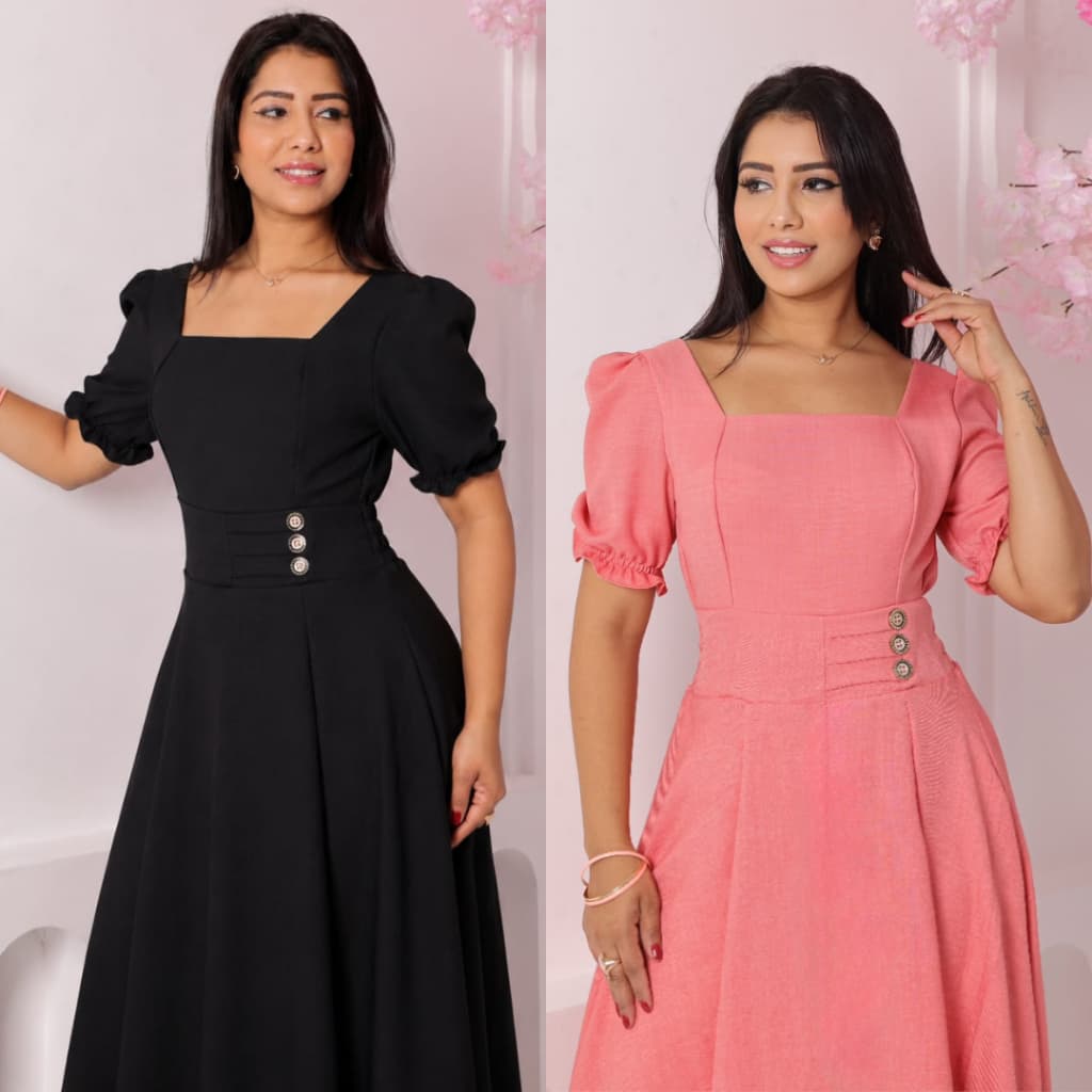Vestido mídi feminino evangélica com manga princesa elastex na costas confortável Tecido Duna Linho