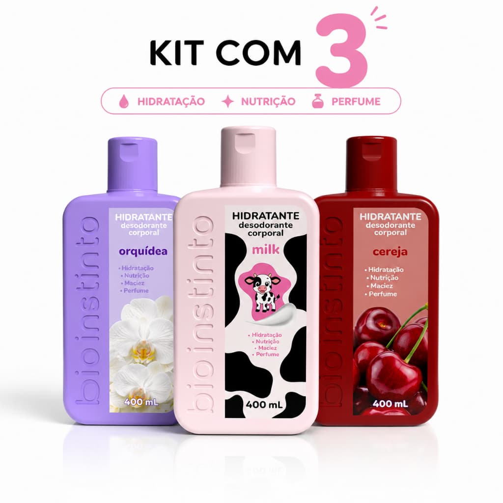 Kit 3 Hidratante corporal Hidrata Perfuma Pele Macia Bio Instinto 400ml