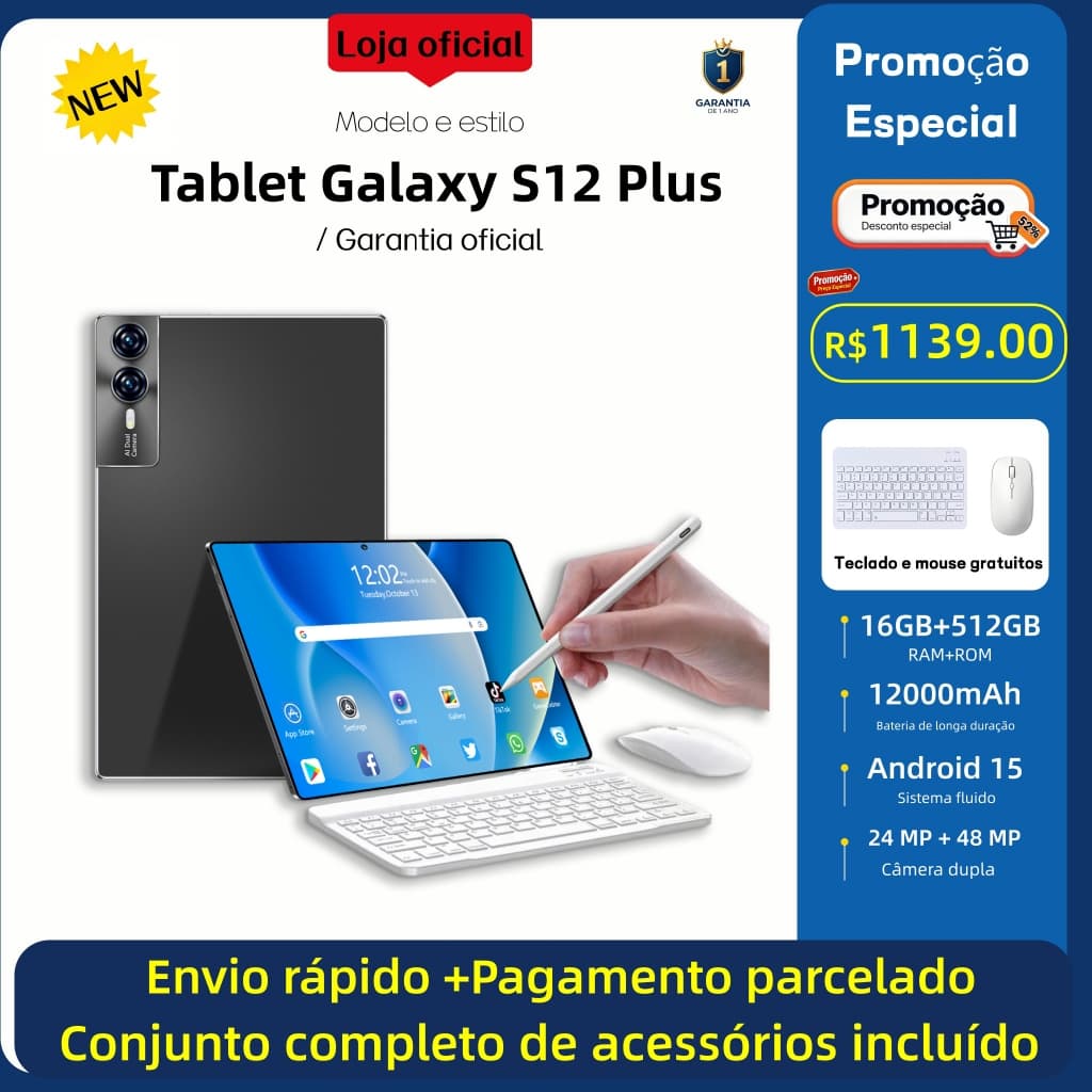 Tablet Galaxy S12 Plus 16 GB + 512 GB, 12,8 polegadas, HD, 12.000 mAh, Android 15, para estudos e trabalho parcelamento
