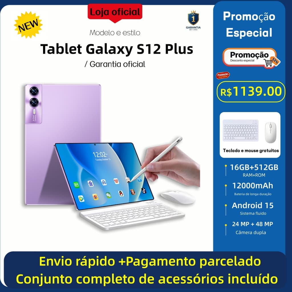 【Garantia oficial】Tablet Galaxy S12 Plus 12,8 polegadas HD 16 GB + 512 GB 12.000 mAh Android 5G – Envio rápido