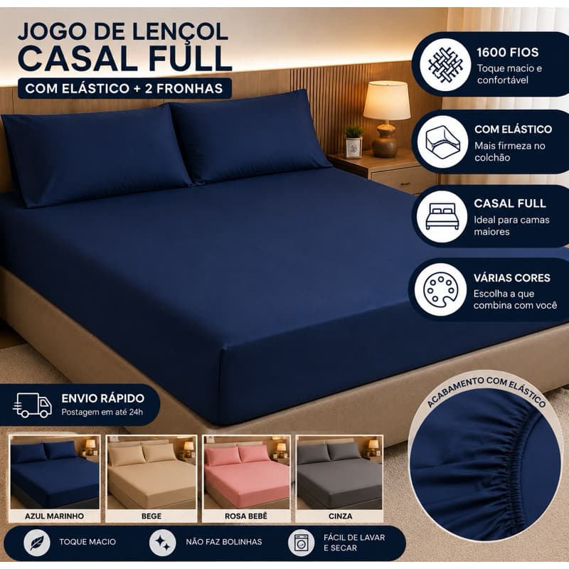 Jogo de Lençol Casal Full 3 Peças com Elástico + 2 Fronhas | Lençol de Cama Casal | Confortável e Elegante