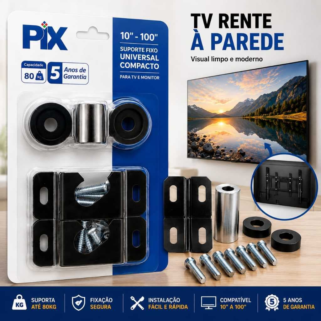 Suporte Televisão Universal Fixo PIX 10 100 Polegadas Gamer Monitor Reforçado Aço Carbono 80kg Tv Promoção Smart 4K