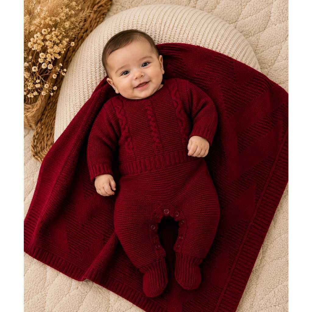 Kit Macacão Trança + Manta Cobertor Saída Maternidade Bebê Recém Nascido  Menino Menina Tricot Tricô