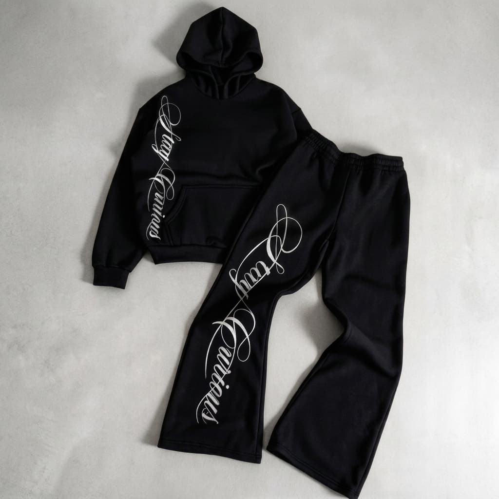 Conjunto Moletom Masculino Streetwear com Capuz e Calça Wide Leg Baggy Estampado Lettering