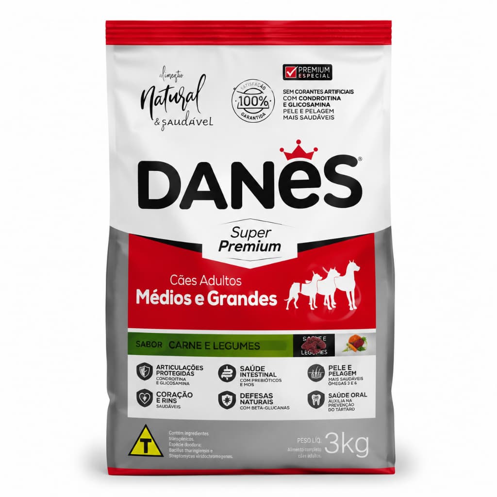 Ração para Cachorro Danês Super Premium Cães Adultos Médios e Grandes 3kg Carne e Legumes