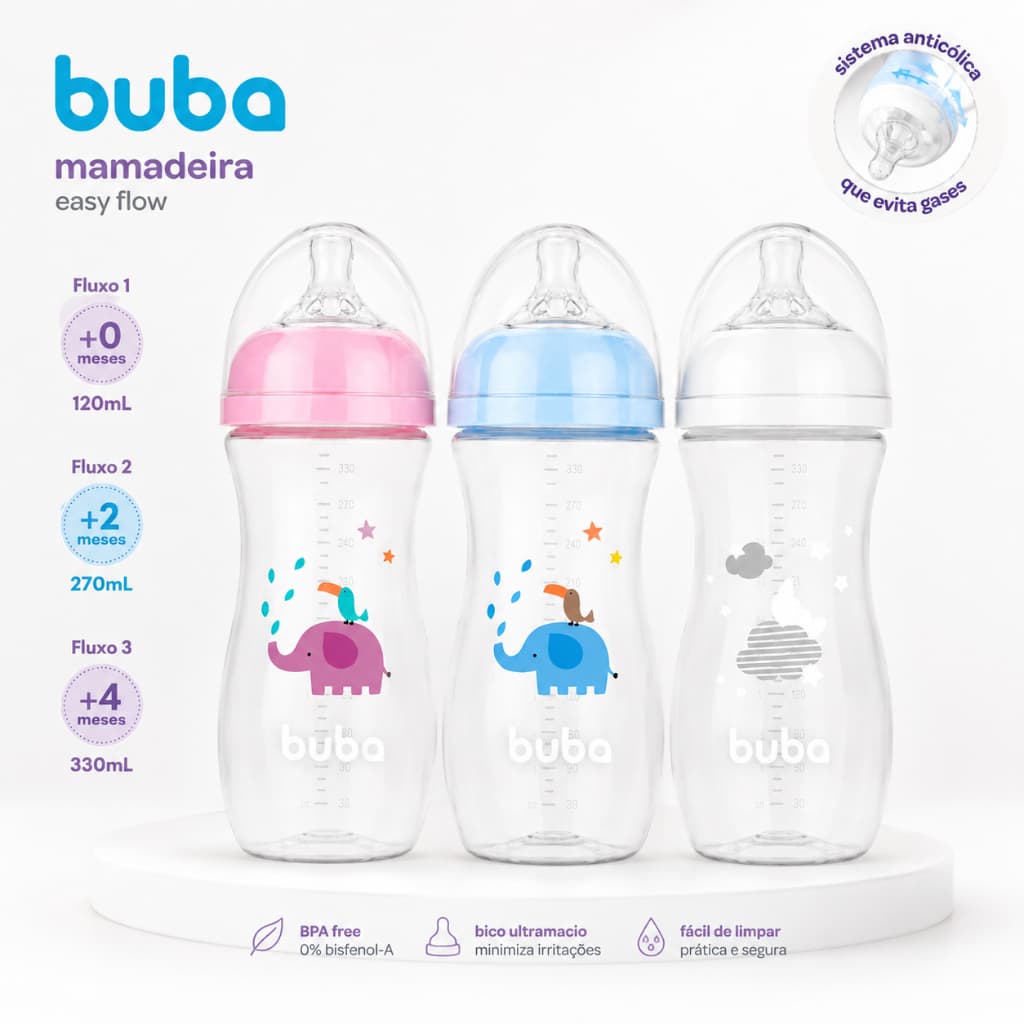 Mamadeira Buba Anticólica Bico Silicone 120/270/330ml Recém-Nascido a Bebê