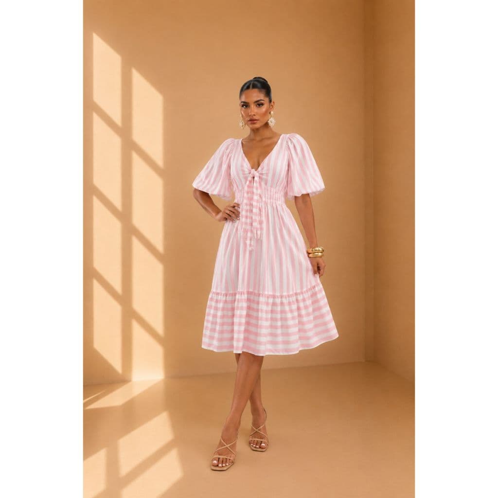 Vestido viscolinho listras feminino Vestido Feminino Longo Estampado Viscose Premium Soltinho Decote V Manga Curta Verão