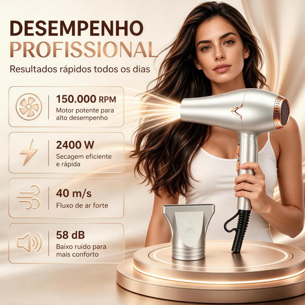 Secador Profissional 2400W com Íons Negativos | Motor 150k RPM, Secagem Rápida e Cabelos Mais Brilhantes
