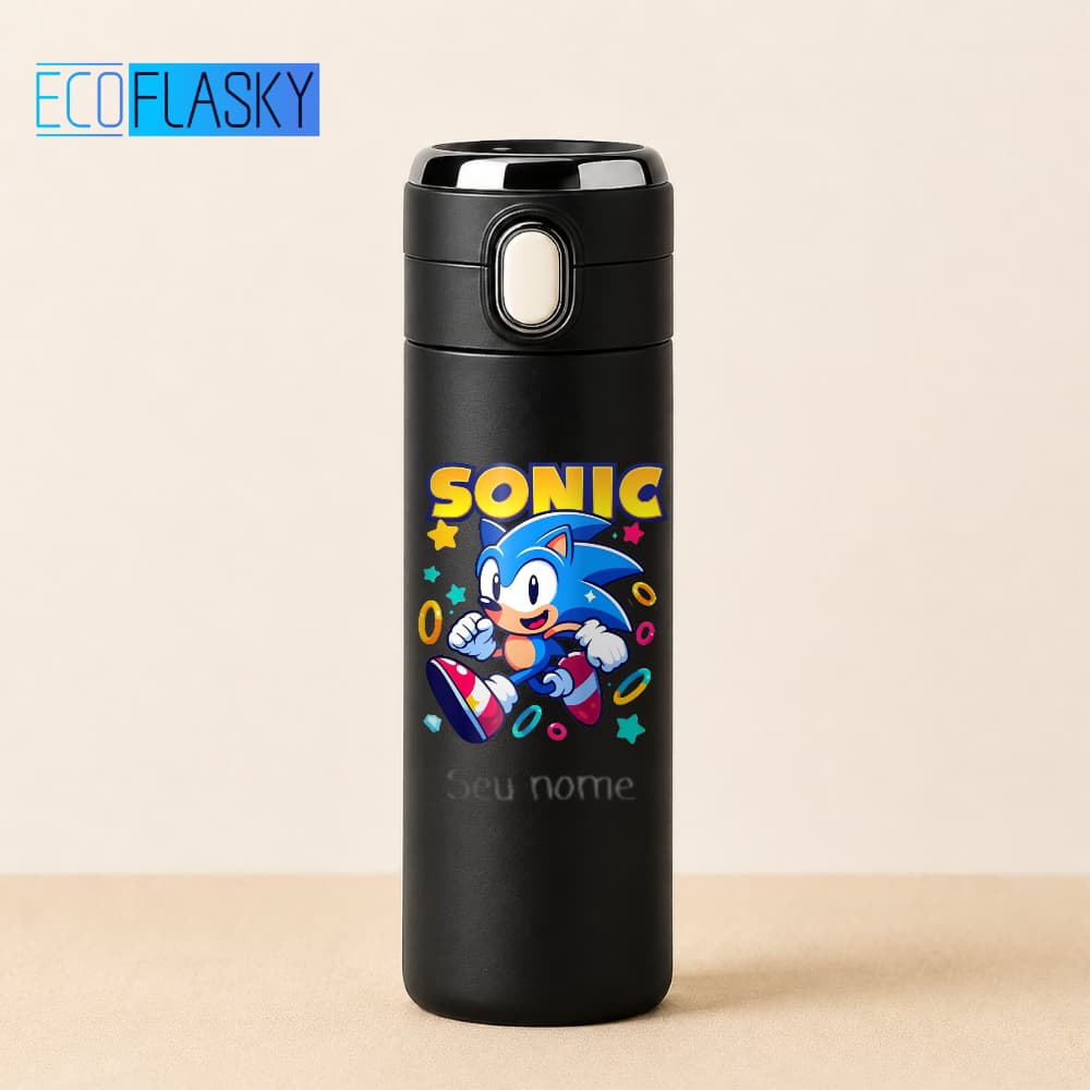 Garrafa Térmica Infantil de Aço Inoxidável Sonic Team com Termometro LED Digital Temperatura 420ml