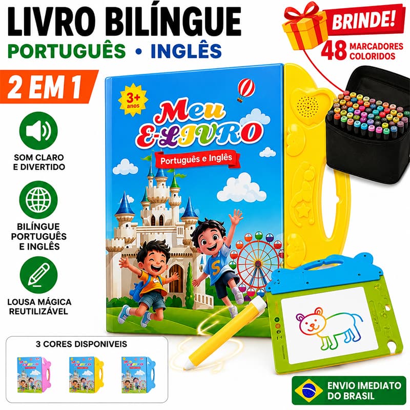 2 em 1 Livro Interativo com Som Infantil Bilíngue Português Inglês Lousa Mágica Reutilizável Brinquedo Educativo