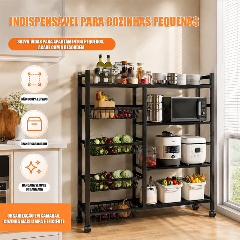 Carrinho Prateleira Organizador Fruteira 135x120x32 Com Rodinhas Multiuso 4 Andares para Cozinha