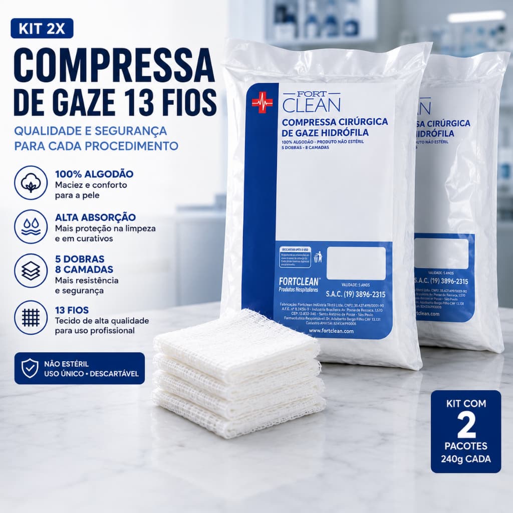 Kit 2x Compressa de Gaze 13 Fios Fortclean 240g Alta Absorção Para Curativos