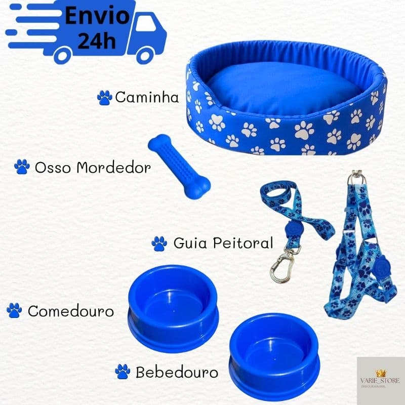 Kit Para Cachorro Luxuoso Pequeno Cama Pet Comedouro Peitoral Brinquedo