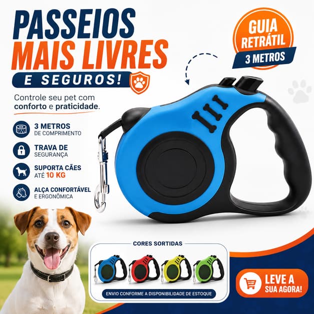Coleira Guia Retrátil Cachorro 3 Metros com Trava de Segurança para Cães até 10kg Passeio Pet