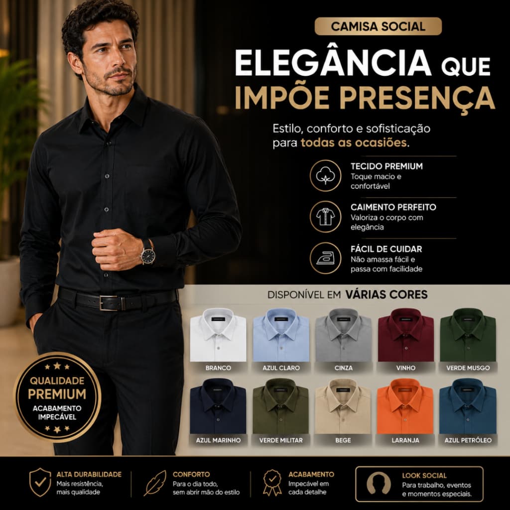 Camisa Social Masculina Microleve Slim Com Bolso Elegante Confortável Não Amassa Ideal Trabalho e Eventos