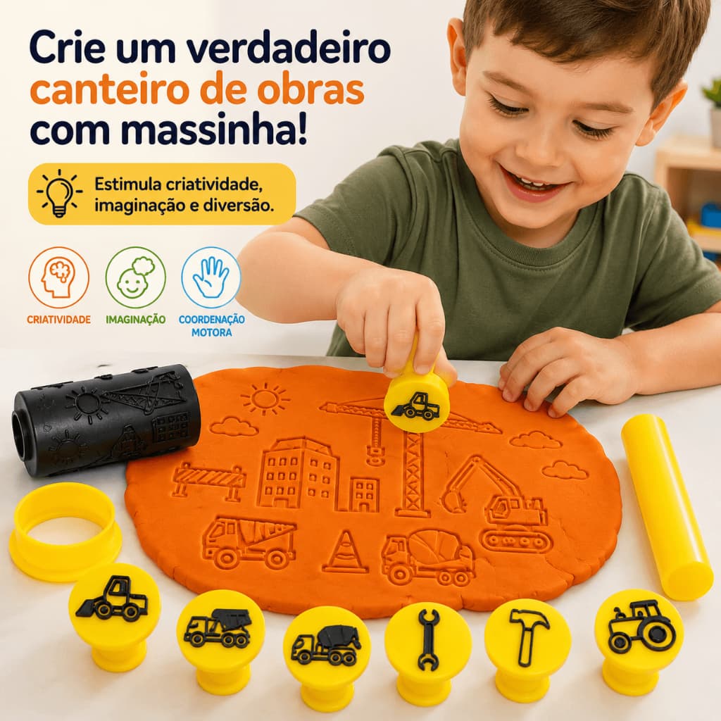 Brinquedo Kit Carimbos para Massinha Tema Construção + Rolo Texturizado e Abridor Brinquedo Educativo Infantil