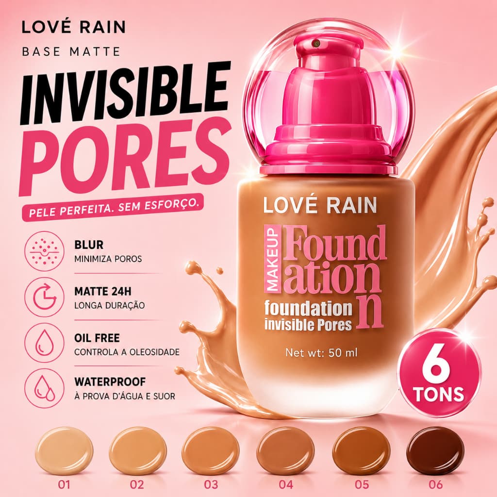 Base Líquida Matte Love - Rain Alta Cobertura Duração Oil Free Poros Invisíveis Resistente à Água