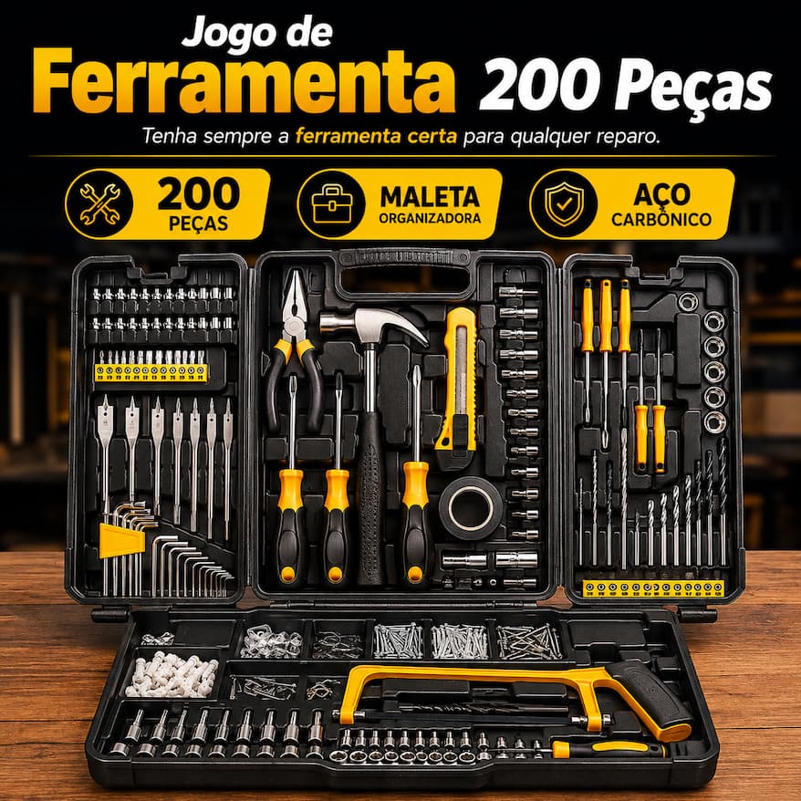 Jogo de Ferramentas 200 Peças com Maleta Kit Completo Profissional Aço Carbono Reparos Domésticos