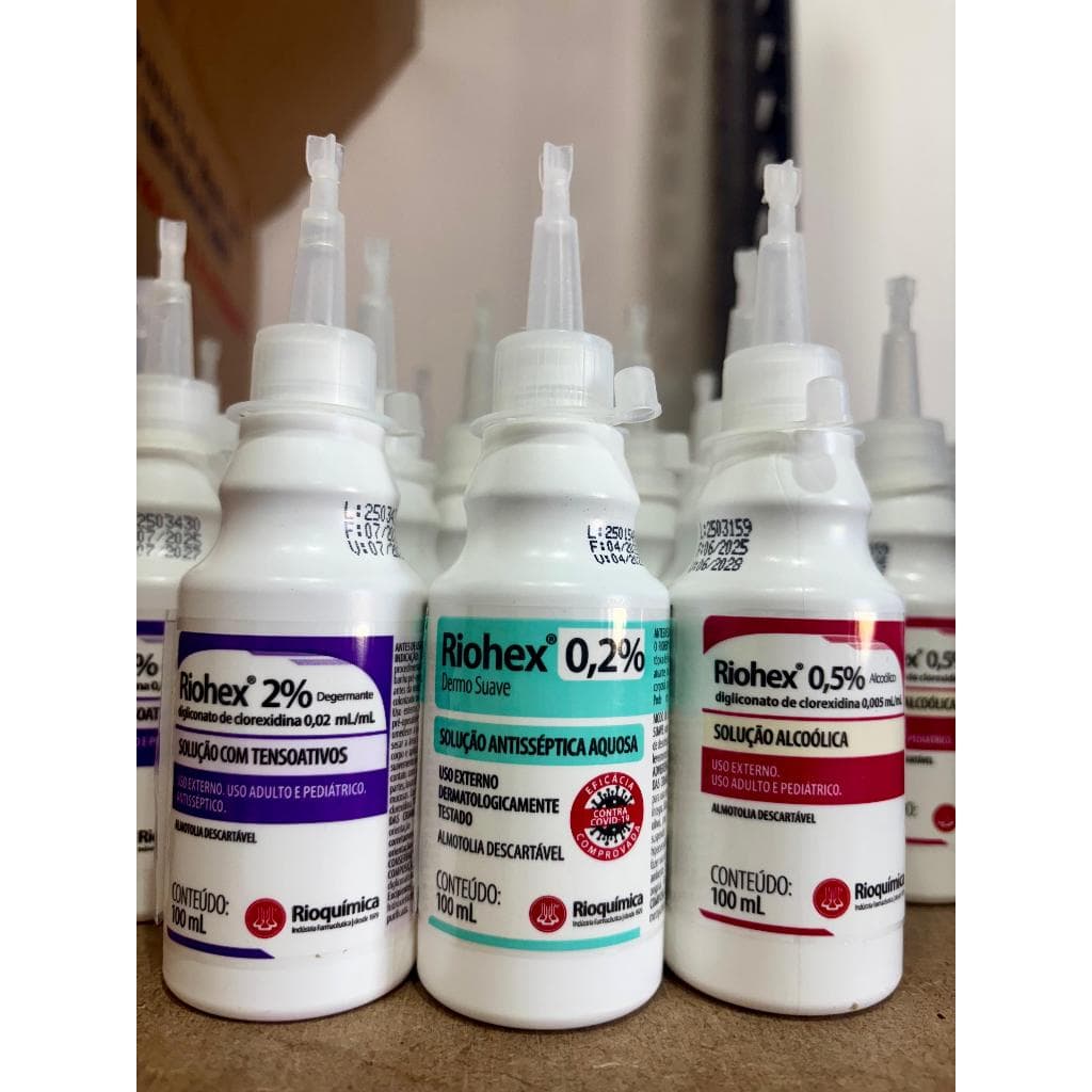 Riohex Clorexidina Degermante Alcoolica Aquosa | Almotolia 100ml - 0,2% - 0,5% - 2% Kit 3 Unidades