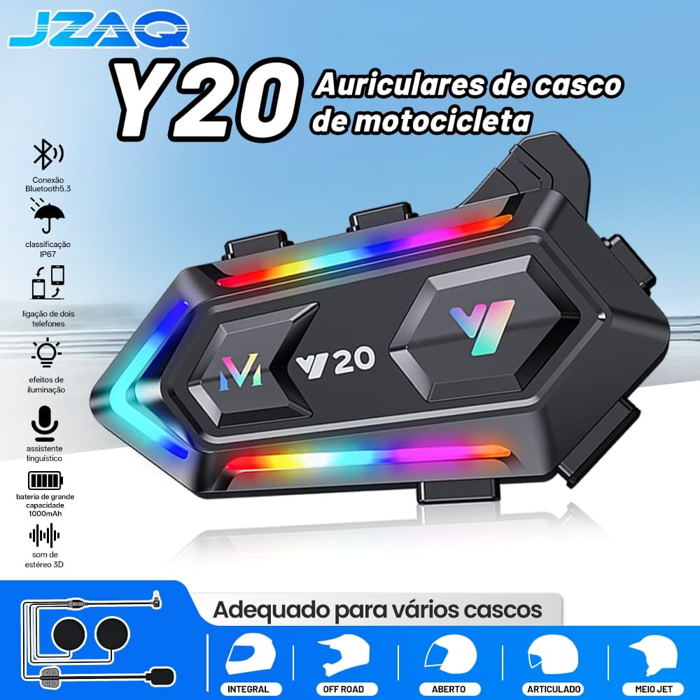 JZAQ Y20 Fone Bluetooth para capacete, IP67 Impermeável, DSP Anti‑ruído, Áudio HL‑FL Potente, Atendimento com Um Toque