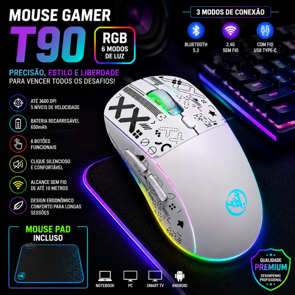 Mouse Gamer T90 Sem Fio RGB Bluetooth 5.3 2.4G Recarregável 6 Botões DPI 3600 + Mouse Pad PC Notebook