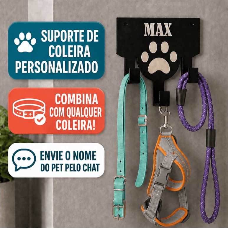 Porta Coleiras Personalizado com Nome do Pet – Suporte para Guias, Peitoral e Acessórios de Cães e Gatos