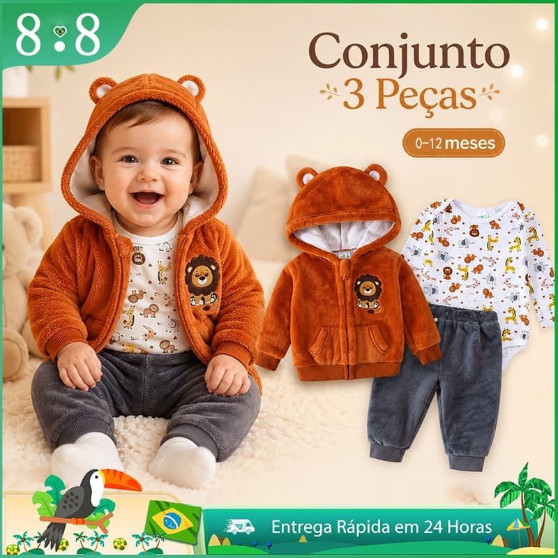 Conjunto Bebê 3 Peças Casaco Body e Calça Infantil Menino 0 a 18 Meses Moletom Macio Quentinho Roupa de Inverno